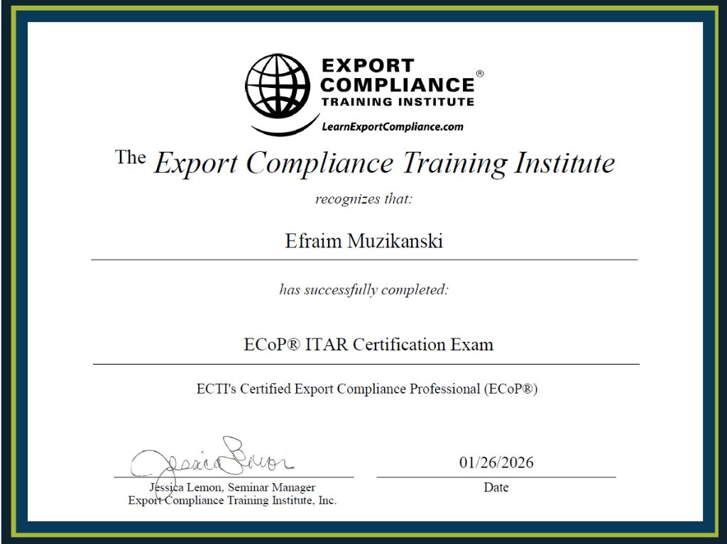 Export Compliance Training Institute - ECoP® ITAR Certification Exam - Efraim Muzikanski